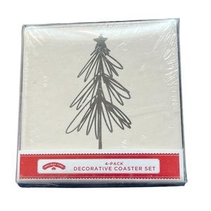 NIB 4 piece decorative stoneware & cork coasters set contemporary Christmas tree